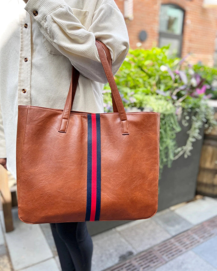 Brown/Navy/Red Stripe Leather Tote w/ Strap