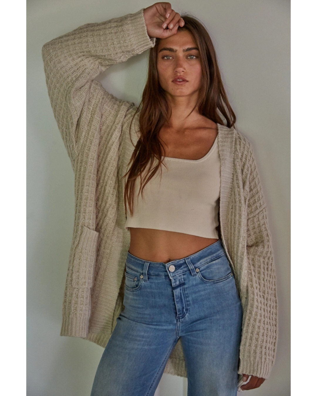 Women's Knit Waffle Cardigan- Natural