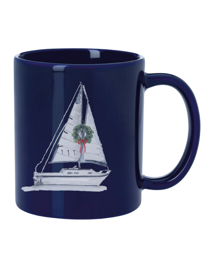 Holiday Watercolor Sailboat Mug- Navy