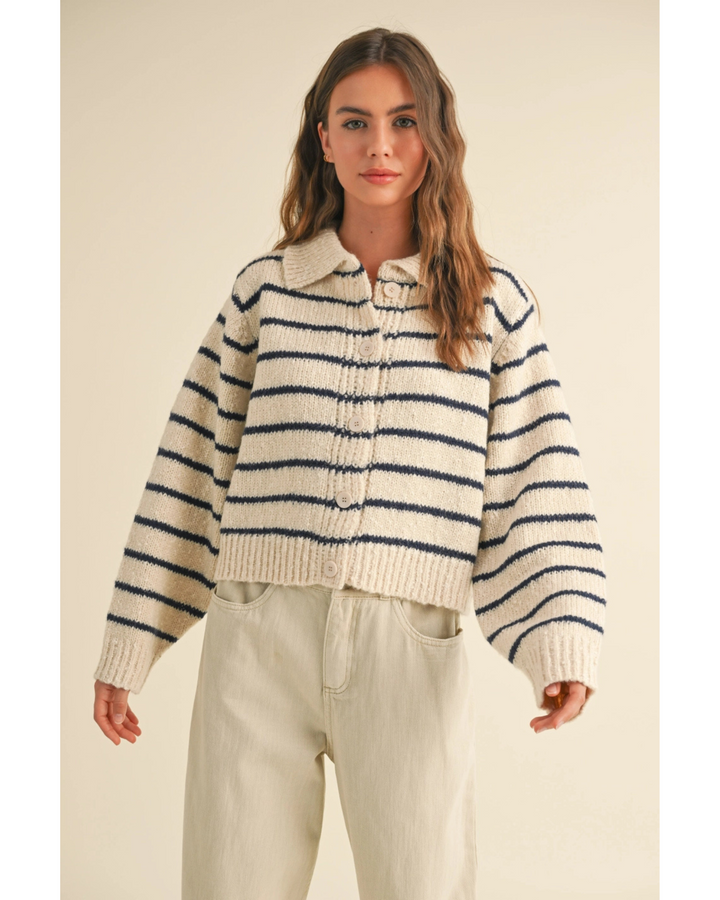 Women's Buttondown Striped Knitted Cardigan- Navy