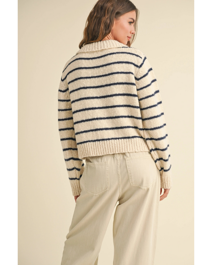 Women's Buttondown Striped Knitted Cardigan- Navy