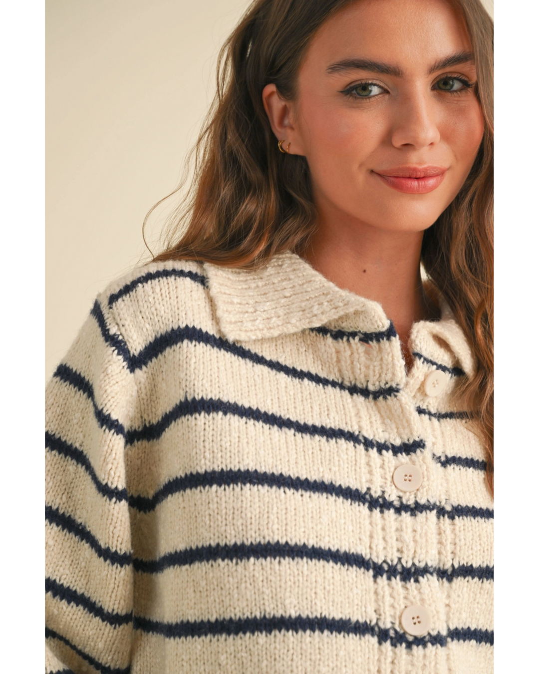 Women's Buttondown Striped Knitted Cardigan- Navy