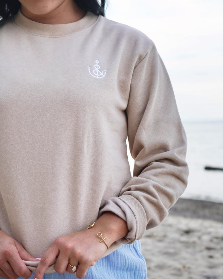 FINAL SALE Unisex Embroidered Anchor Crew - Beige