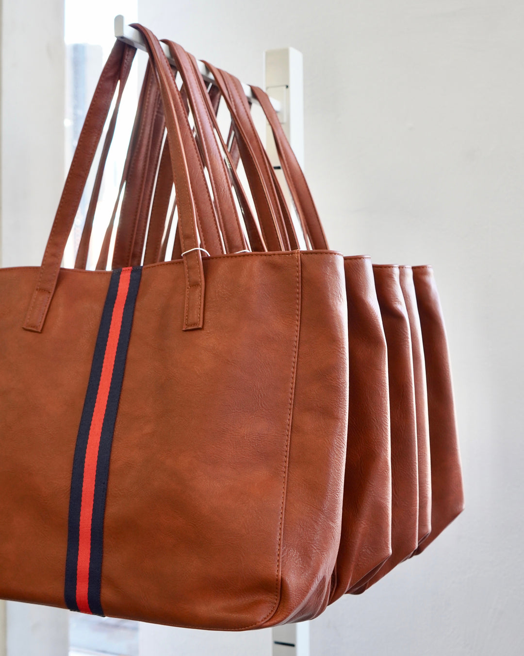 Brown/Navy/Red Stripe Leather Tote w/ Strap