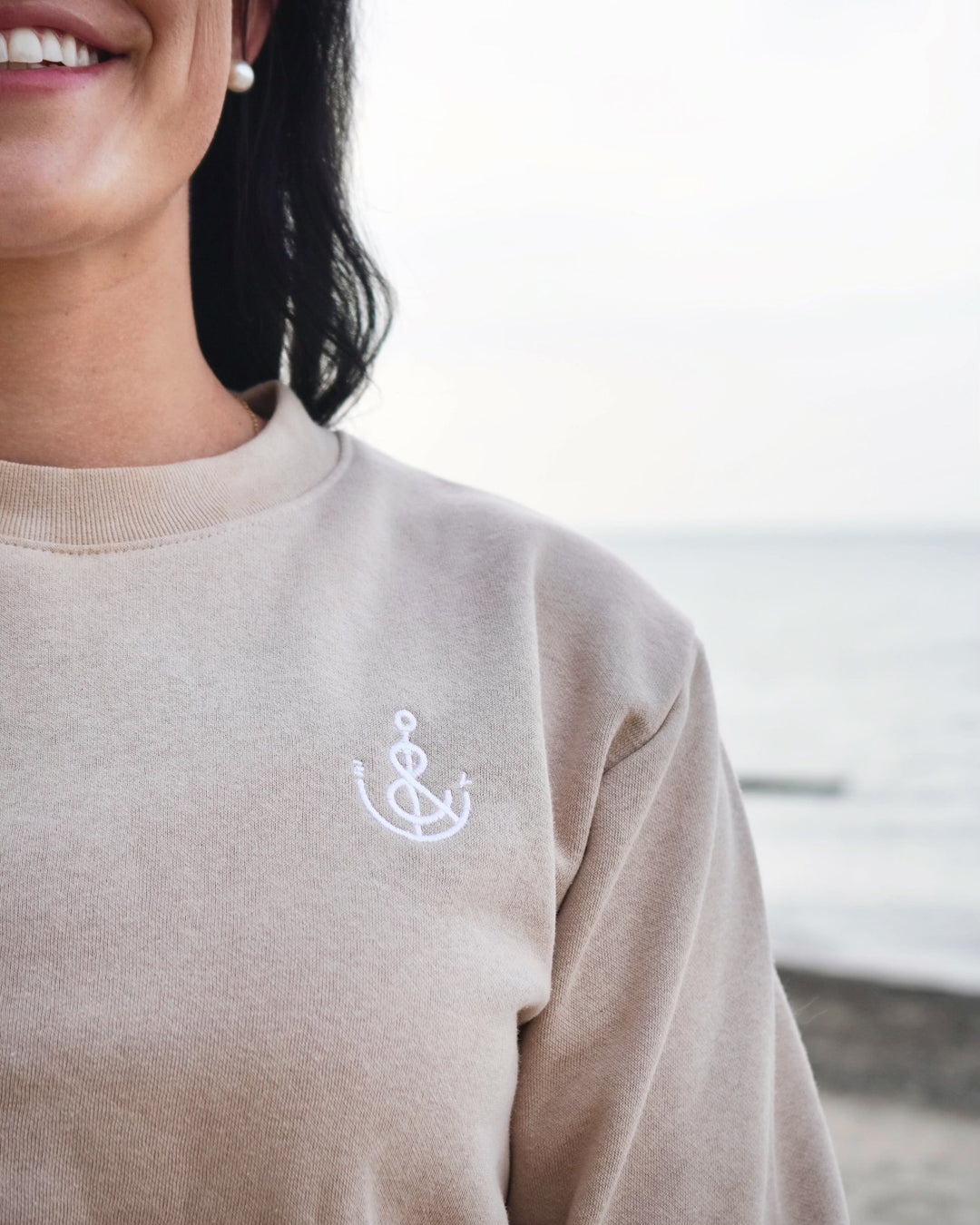 FINAL SALE Unisex Embroidered Anchor Crew - Beige