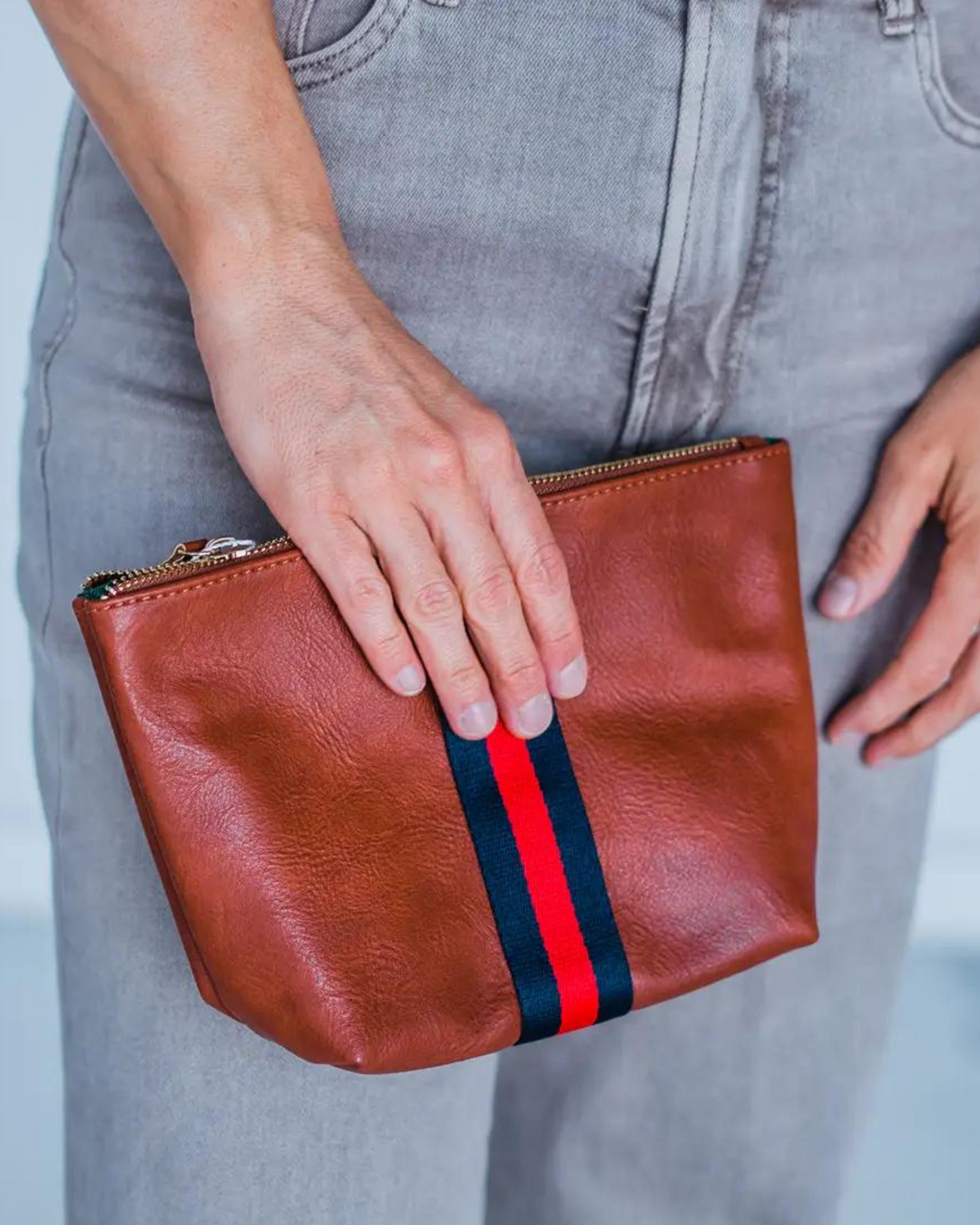 Brown/Navy/Red Stripe Leather Pouch