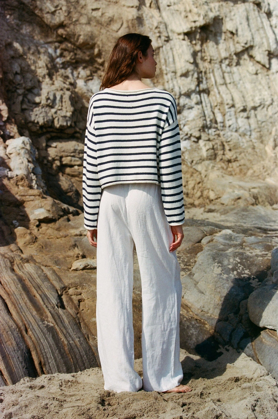 Women's Striped Sweater Top- Ivory/Navy