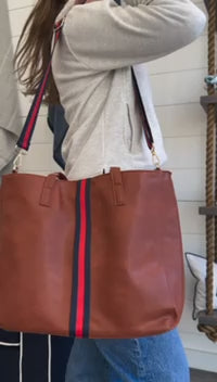 Brown/Navy/Red Stripe Leather Tote w/ Strap